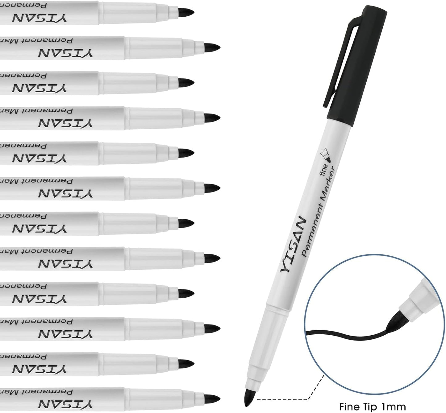 YISAN Permanent Markers,12 Pack Fine Tip Black Permanent Markers,Quick Drying Ink,Works on paper,Plastic,Stone,Glass,Metal,71525