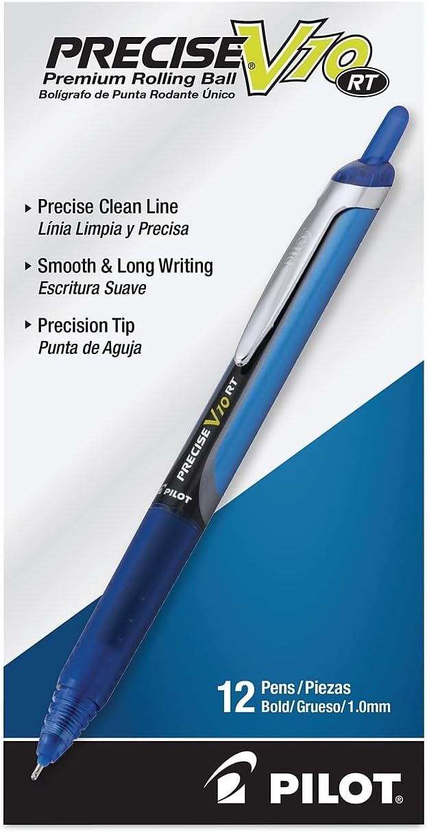 PILOT Precise V10 RT Refillable & Retractable Rolling Ball Pens, Bold Point, Black Ink, 12-Pack (13450)