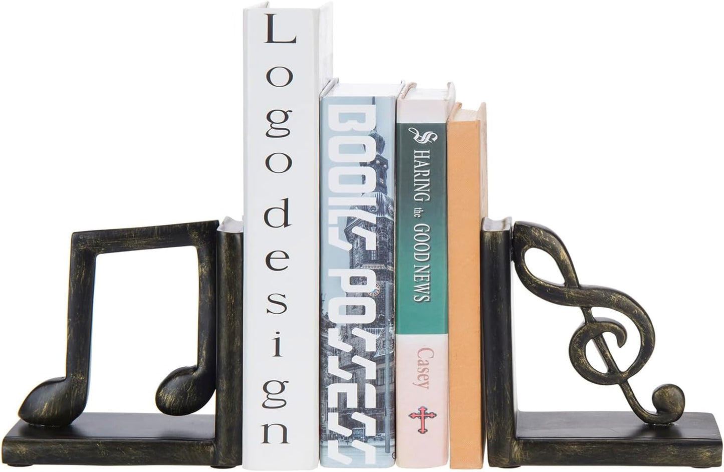MyGift Tabletop Decorative Bookends, Elegant Brown Resin L-Shaped Desktop Book End Holders with Sculpted Musical Notes, 2 Piece Set