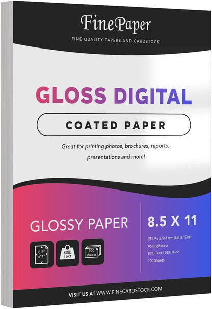 Double-Sided Gloss Digital C2S Paper – Perfect for Color Laser Printing, Design Proposals, Flyers, Brochures | 80lb Text (32lb Bond) | 96 Bright | Acid Free, Glossy Coated | 100 Sheets (8.5 x 11)