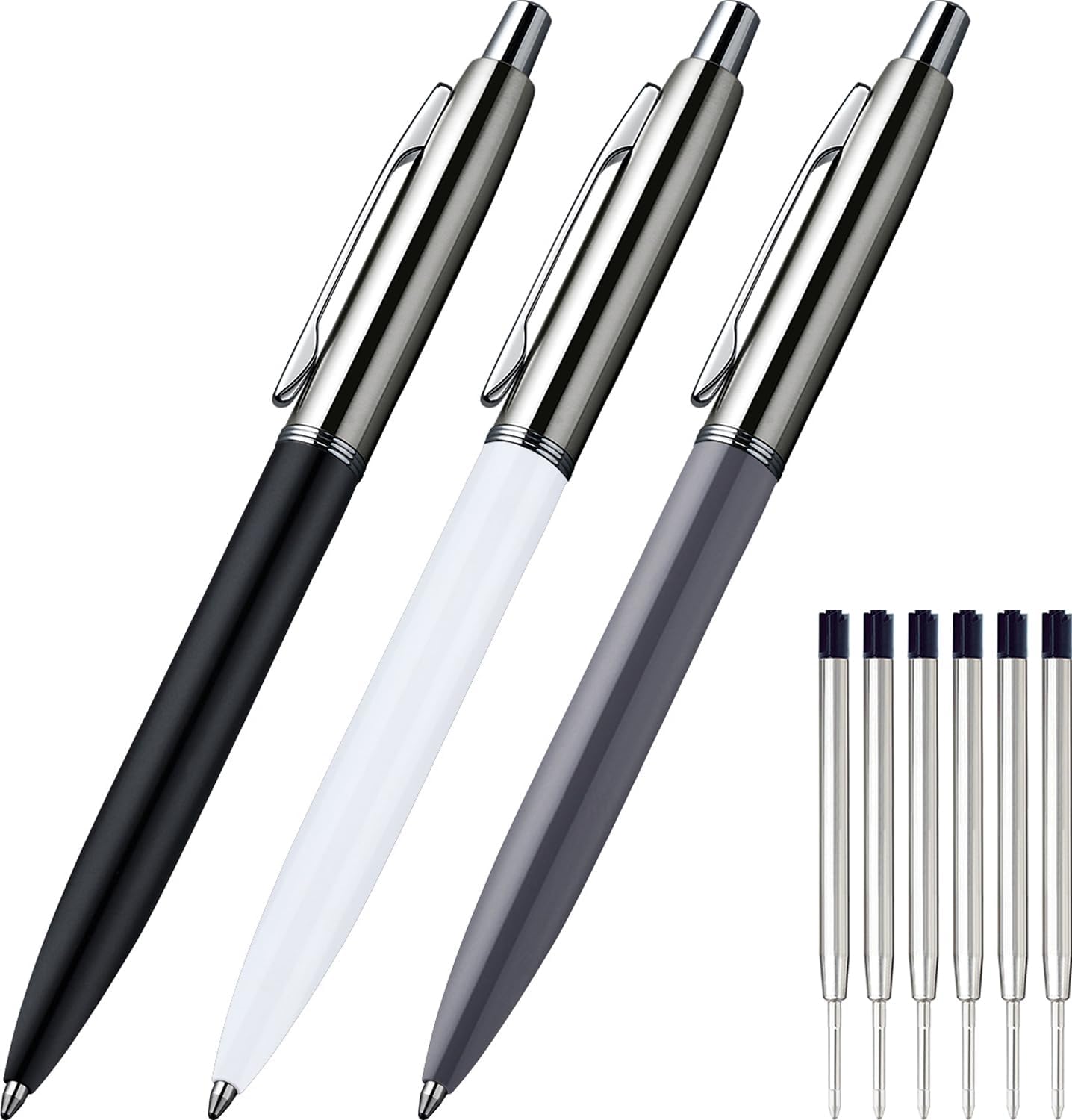 ChaoQ 3 Pcs Retractable Metal Ballpoint Pens, for Gift, Business, Office, 1.0mm Medium Point Black Ink, 6 Extras Replaceable Metal Refills - Stainess Steel
