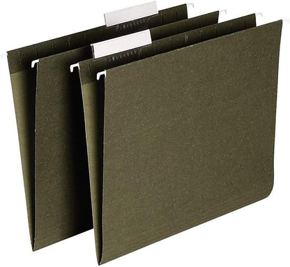 Staples Hanging File Folders, Letter Size, 1/5‑Cut Tabs, Standard Green, Includes Tabs & Paper Inserts – 25/Pack