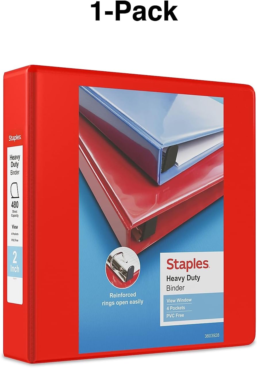 Staples Heavy-Duty 2-Inch D-Ring View Binder, Reinforced Spine, Holds Up to 450 Sheets, Gray, for Office & School