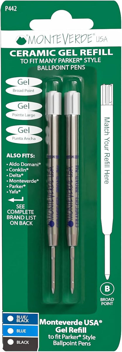 Monteverde USA Capless Ceramic Gel Refills to Fit Parker Pens, Broad Point, Blue Ink, 2-Pack – Smooth and Vibrant Writing Solution