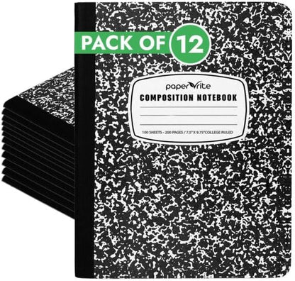 College Ruled Composition Notebook Black Marble | 100 Sheets | 9.75 x 7.5 Inches | Durable Sewn Binding for School & Office Use (12)