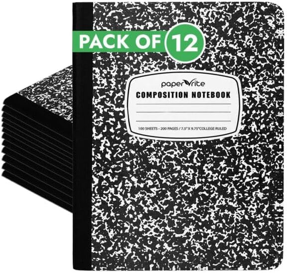 College Ruled Composition Notebook Black Marble | 100 Sheets | 9.75 x 7.5 Inches | Durable Sewn Binding for School & Office Use (12)