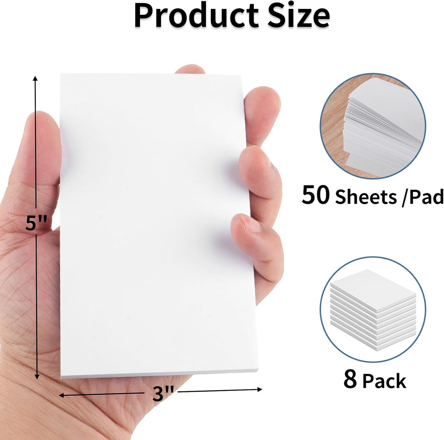 Hoiny Note Pads 3x5 In, 8 Pack Blank Notepad, White Scratch Pads for Writing, 50 Sheets Per Memo Pad for Jotting Down Quick Notes, Pads of Paper for Grocery and Shopping Lists, Small Server Notebook
