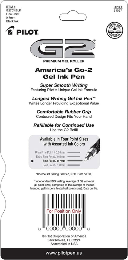 PILOT G2 Premium Refillable and Retractable Rolling Ball Gel Pens, Fine Point, Black Ink, 4-Pack (31057)