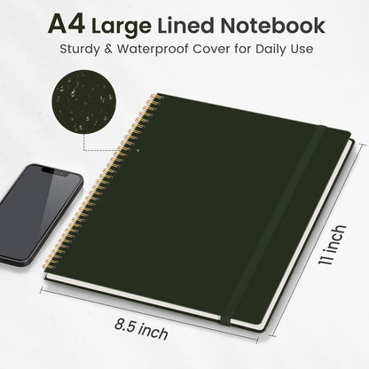 Taja Spiral Lined Notebook, 8.5"x11" Notebooks for Work, Large A4 Journal for Women & Men, College Ruled Journaling Notebook for Writing, Plastic Cover Spiral Journal, Green