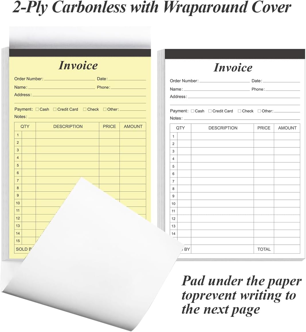 Invoice Receipt Book with Cardboard 2-Part Carbonless, 5.5" x 8.5" Order Forms, 50 Sheets Carbonless Sales Invoice Book for Small Business