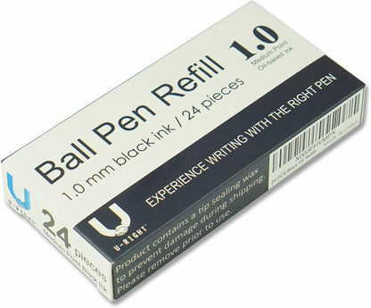 U-RIGHT 24 Pcs Ballpoint Pen Refills 1.0 mm Point Black Ink