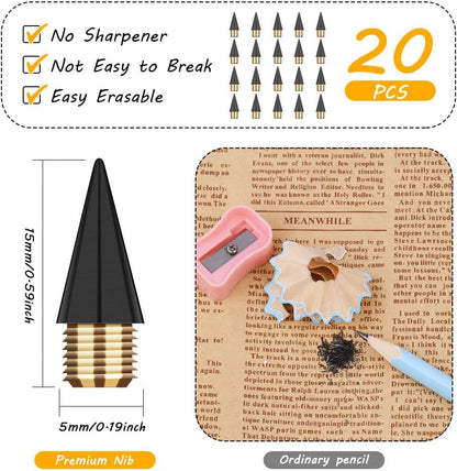 AUAUY 20PCS Inkless Pencil Replaceable Refill, Infinite Pencil Replaceable Graphite Nib, Graphite Nib Metal Inkless, Everlasting Pencils Replacement Head for Writing Drawing Office School Supplies