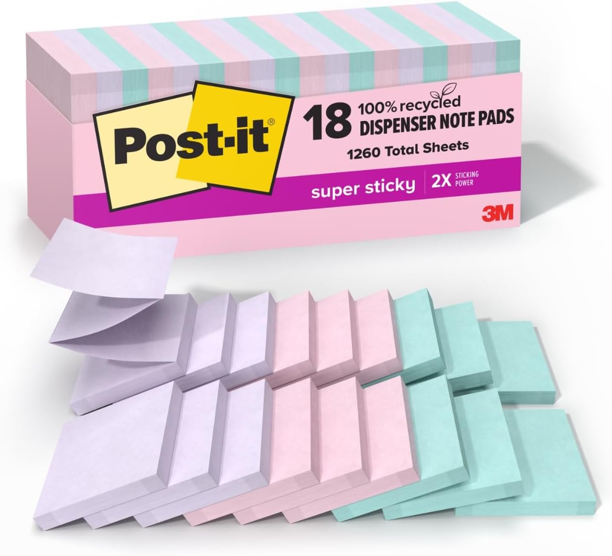 Post-it 100% Recycled Paper Super Sticky Notes, 3 x 3 in., 18 Sticky Note Pads, School Supplies and Office Products, Sticky Notes for Vertical Surfaces, Wanderlust Pastels Collection
