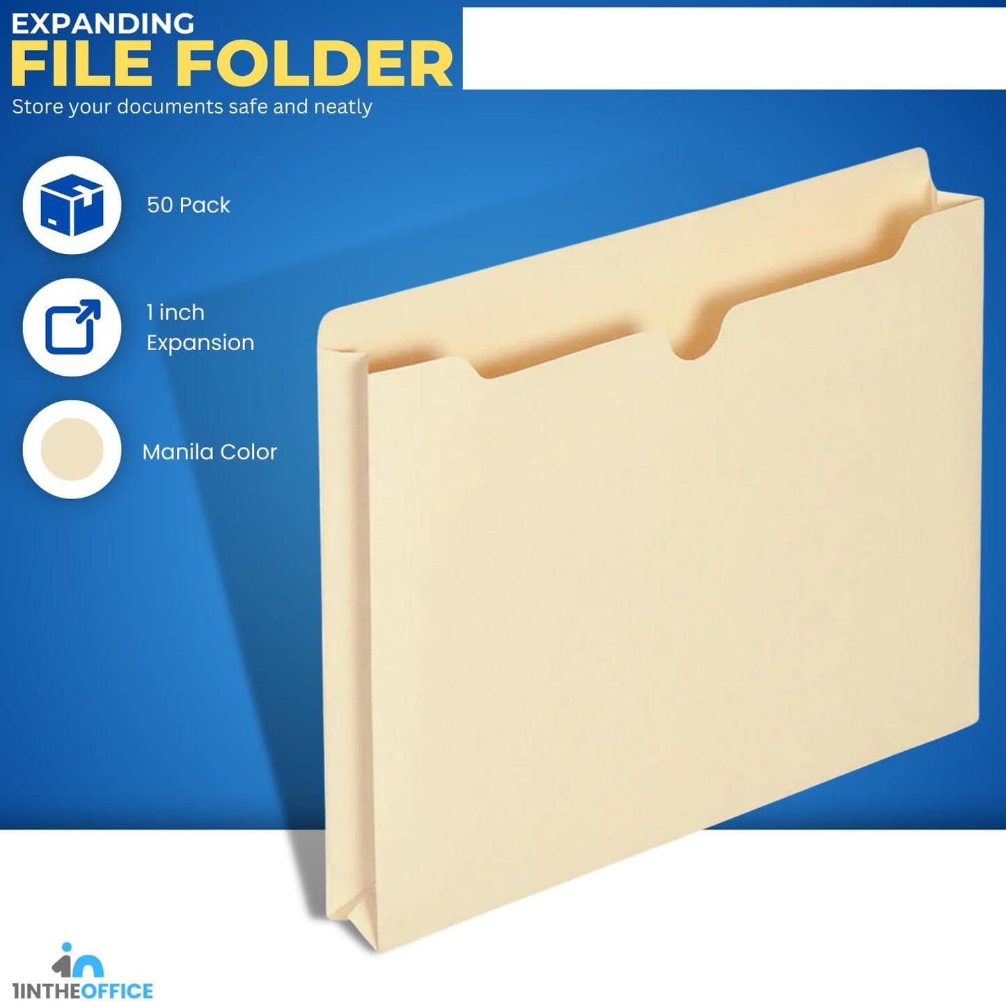 1InTheOffice File Jacket Folders, Manila, Letter Size, Reinforced Straight-Cut Tab, 1" Expansion, 50 Pack