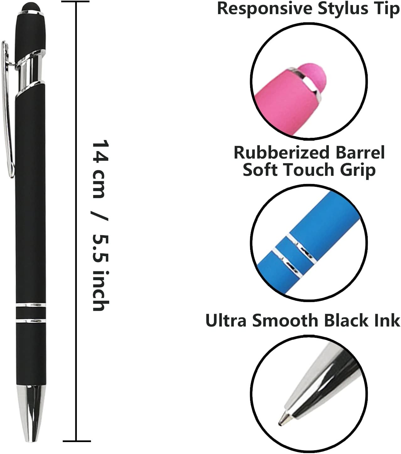 Oddmoal Ballpoint Pen with Stylus Tip, Soft Touch Click Metal Pen, 1.0mm Medium Point, Black Ink, 12 Count(Black)
