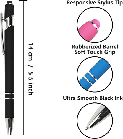 Oddmoal Ballpoint Pen with Stylus Tip, Soft Touch Click Metal Pen, 1.0mm Medium Point, Black Ink, 12 Count(Black)