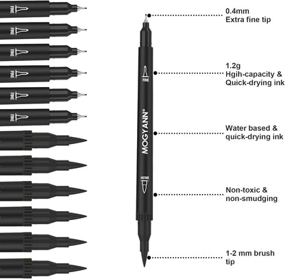 Mogyann Drawing Pens, 12 Pack Dual Brush Pens Black Markers for Art Drawing Sketching