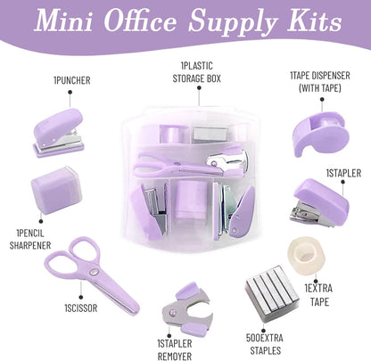 8 Pack Mini Office Supply Kit Portable Case with Scissors,Tape Dispenser Set, Punch,Pencil Sharpener, Mini Stapler with Staples and Staple Remover (Pink)