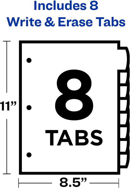 Avery® Durable Write-On Plastic Dividers with Erasable Tabs,11" x 8 1/2", Multicolor, 8 Tabs