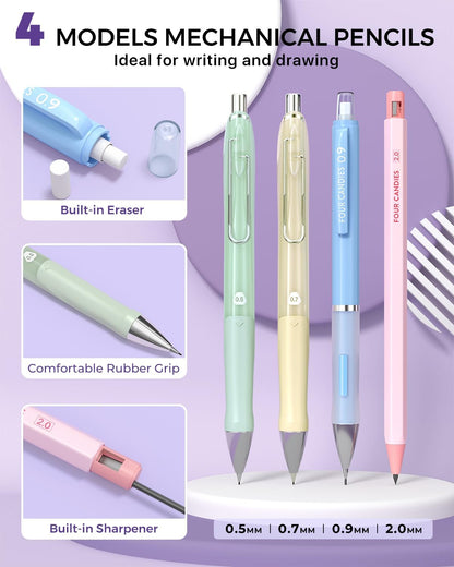 Four Candies 42PCS Aesthetic School Supplies, Mechanical Pencil Set 0.5mm, 0.7mm, 0.9mm, 2.0mm with 696 Lead Refills, Pastel Mechanical Pencils for Writing, Drawing & Drafting (Cream)