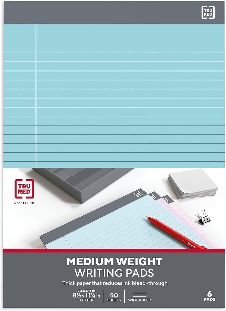 TRU RED Notepads, 8.5” x 11.75”, Wide Ruled, Canary, 50 Sheets/Pad, 12‑Pack