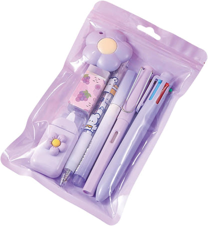7 Pcs Cute Blue Stationery Set Kawaii School Supplies Office Supplies Including Ballpoint Pens Pencil Sharpener Highlighter Correction Tape Ruler Utility Knife (Blue)