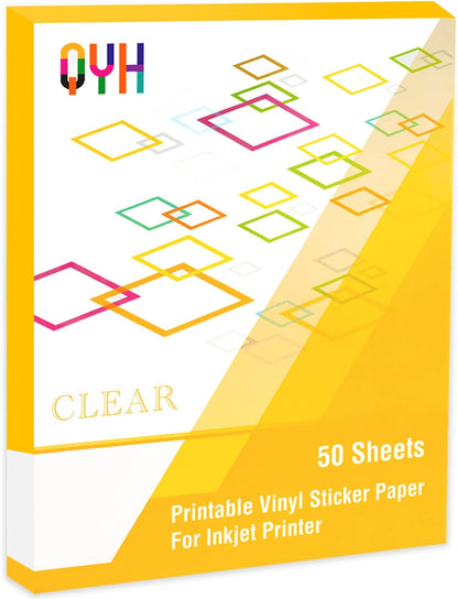 QYH Printable Vinyl Sticker Paper for Inkjet & Laser Printer - Matte White Waterproof, 50 Sheets Vivid Colors, Compatible with Cricut, Silhouette, Ideal for Small Business & DIY- 8.5"x11"
