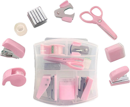 8 Pack Mini Office Supply Kit Portable Case with Scissors,Tape Dispenser Set, Punch,Pencil Sharpener, Mini Stapler with Staples and Staple Remover (Pink)