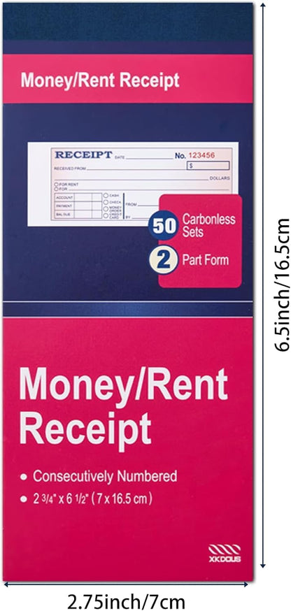 XKDOUS 2 Pack Money and Rent Receipt Book, 2-Part Carbonless, 2-3/4" x 6-1/2" Receipt Book for Small Business, 50 Sets per Book