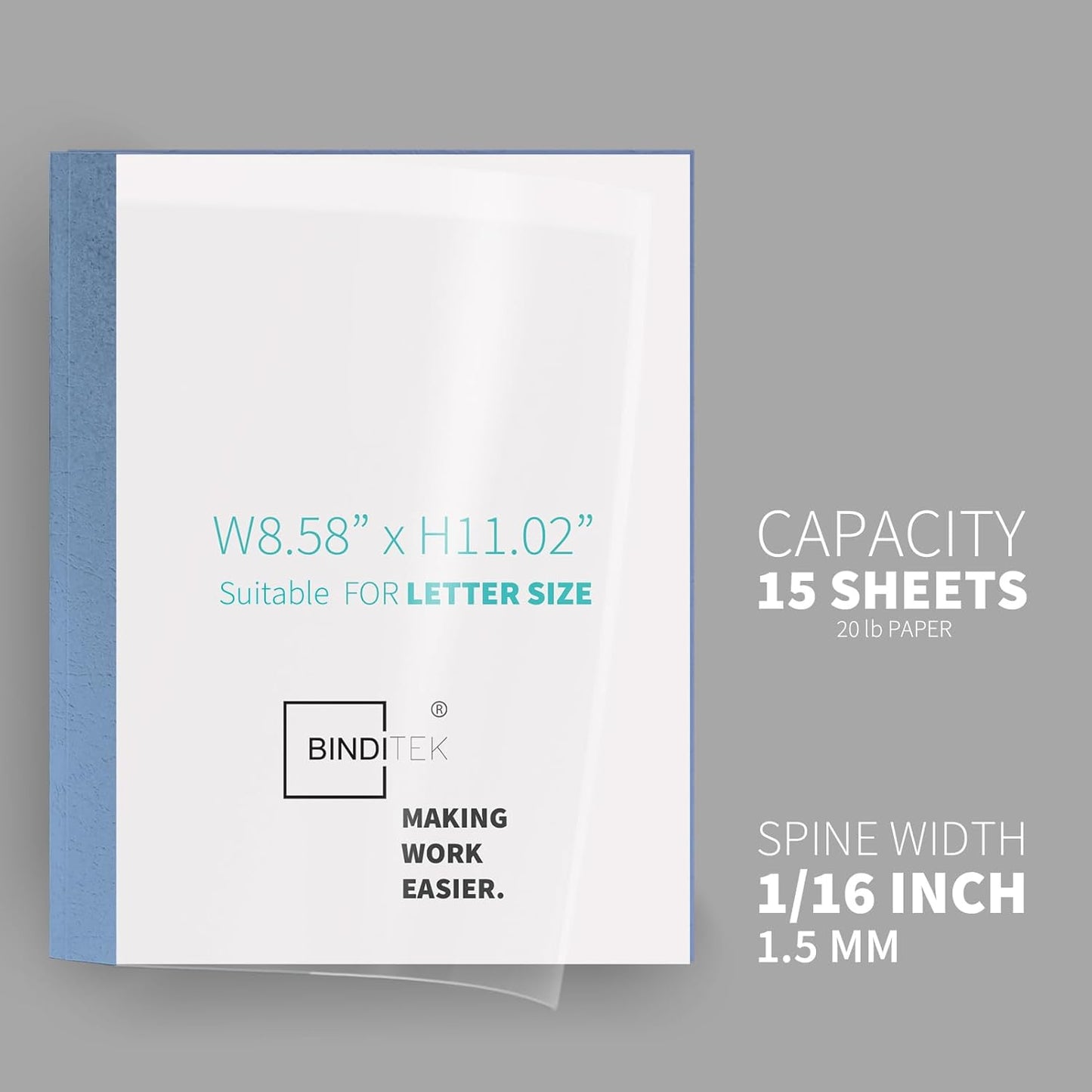 Binditek 20 Pack Thermal Binding Presentation Covers, 1/16 Inch Spine Holds 15 Sheets, Ultra Clear Front Cover, Black Paper Back Cover, Letter Size, for Students and Coworkers