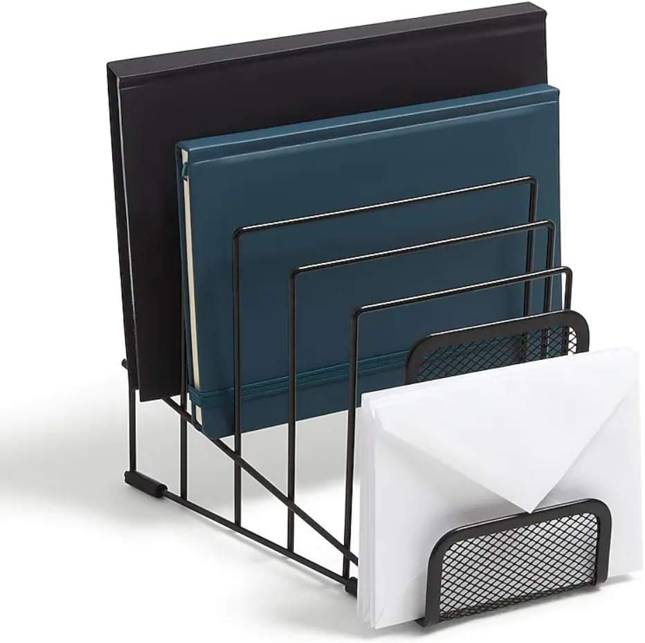 1InTheOffice Metal Incline Desktop File Sorter, Black Wire Mesh Step Sorter, 6 Compartments