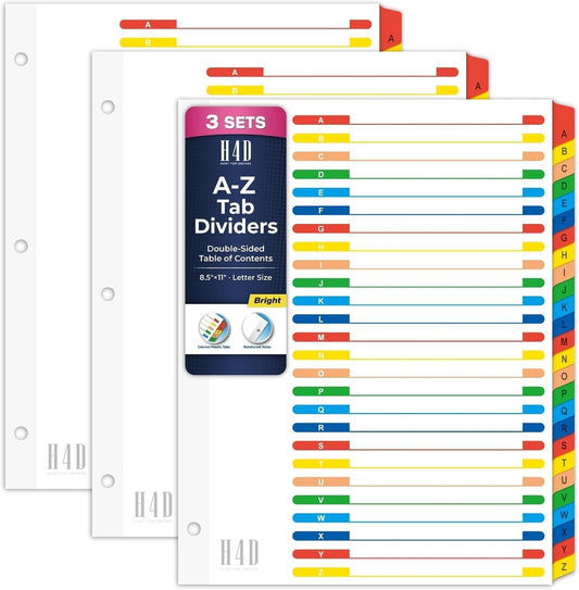 H4D Alphabet Binder Dividers for 3-Ring Binder, A-Z Tab Dividers with Customizable Table of Contents, Multicolor Tabs, Reinforced Holes, Letter Size, Pastel, 1 Set