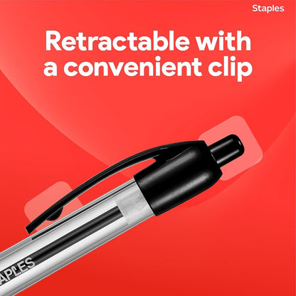 STAPLES Retractable Ballpoint Pens, Medium Point 1.0mm, Black Ink, 12 Pack – Comfortable, Smooth‑Writing Pens for Everyday Office Use