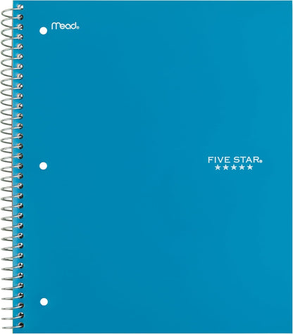 Five Star Spiral Notebook + Study App, 5 Subject, Wide Ruled Paper, 8" x 10-1/2", 200 Sheets, Fights Ink Bleed, Water Resistant Cover, Tidewater Blue (73196)