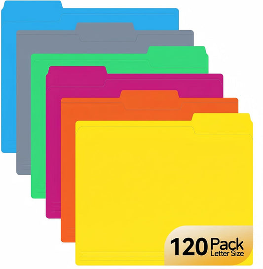 Colored File Folders, 120 Pack ，Letter Size 8.5 x 11, 1/3-Cut Tabs, 6 Assorted Colors, Paper Document Folders for Home, Office and School Filing