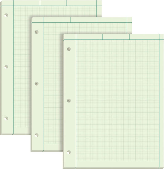 TOPS Engineering Notebooks, Graph Notebooks, 3 Pk Quad Ruled Pad, 8-1/2" x 11", Glue Top, 5 x 5 Graph Rule on Back, Green Tint Paper, 3-Hole Punched, 100 Sheets per Pad (35507A)