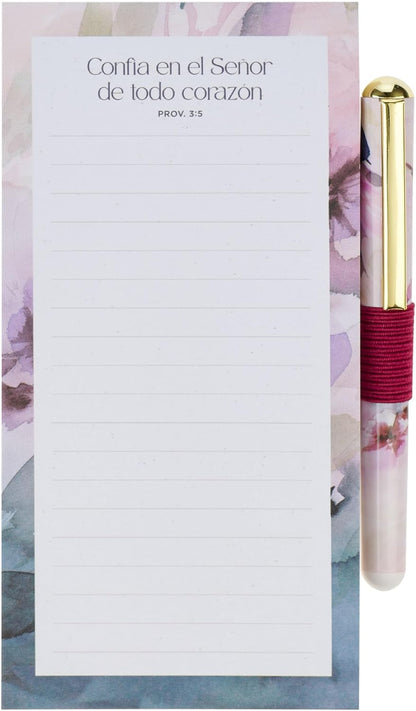 Christian Art Gifts Compact Magnetic Notepad & Medium Ballpoint Pen Set: Trust in the Lord Inspirational Scripture, Shopping Lists, Memos, Reminders, 70 Lined Easy Tear-off Sheets, Purple/Teal Floral