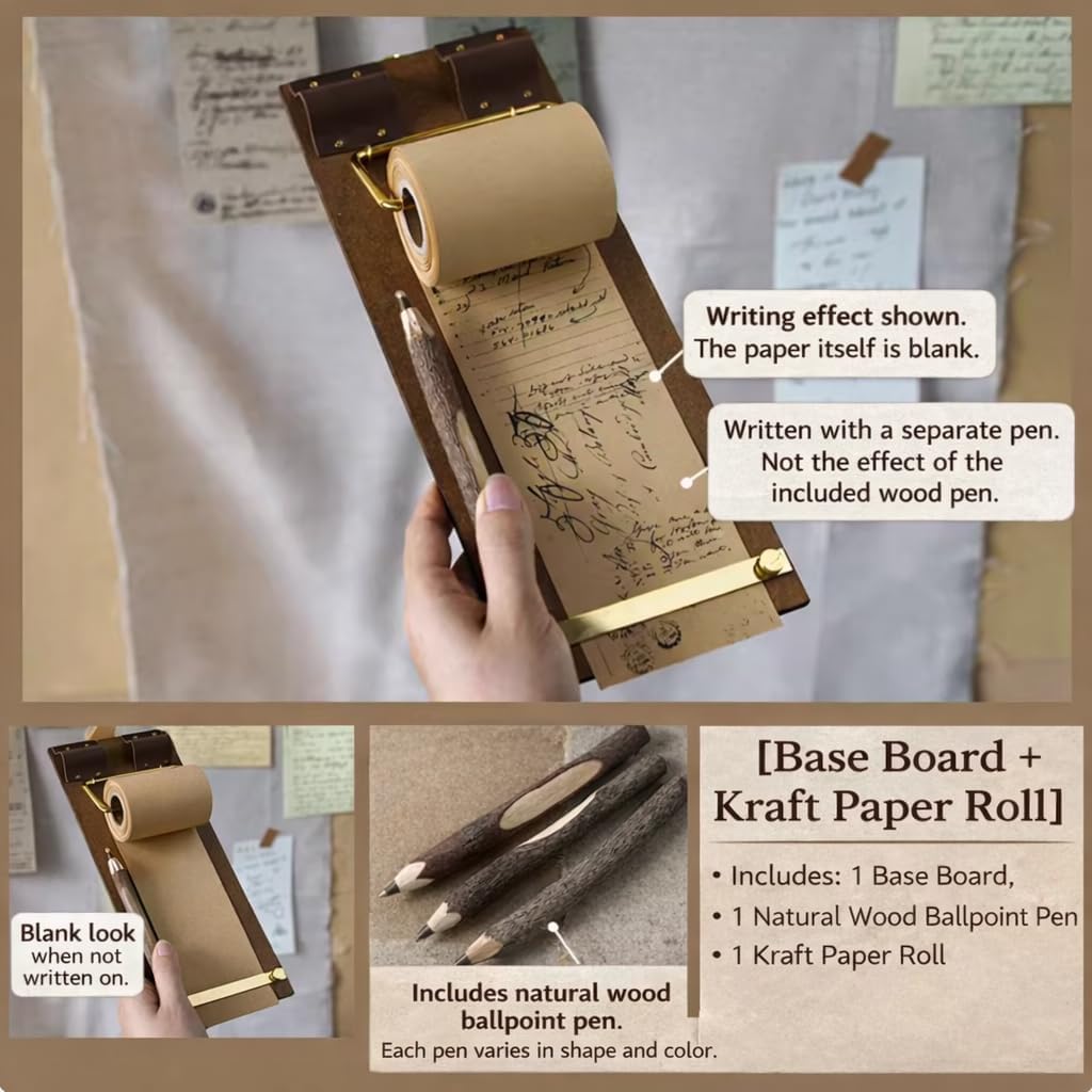 Retro Wall Mounted Memo Board with 1 Natural Dark Green Roll – Rustic Clipboard Notepad, Tearable Writing Pad for Notes, Menu, Kitchen, Café and Home Office Decoration