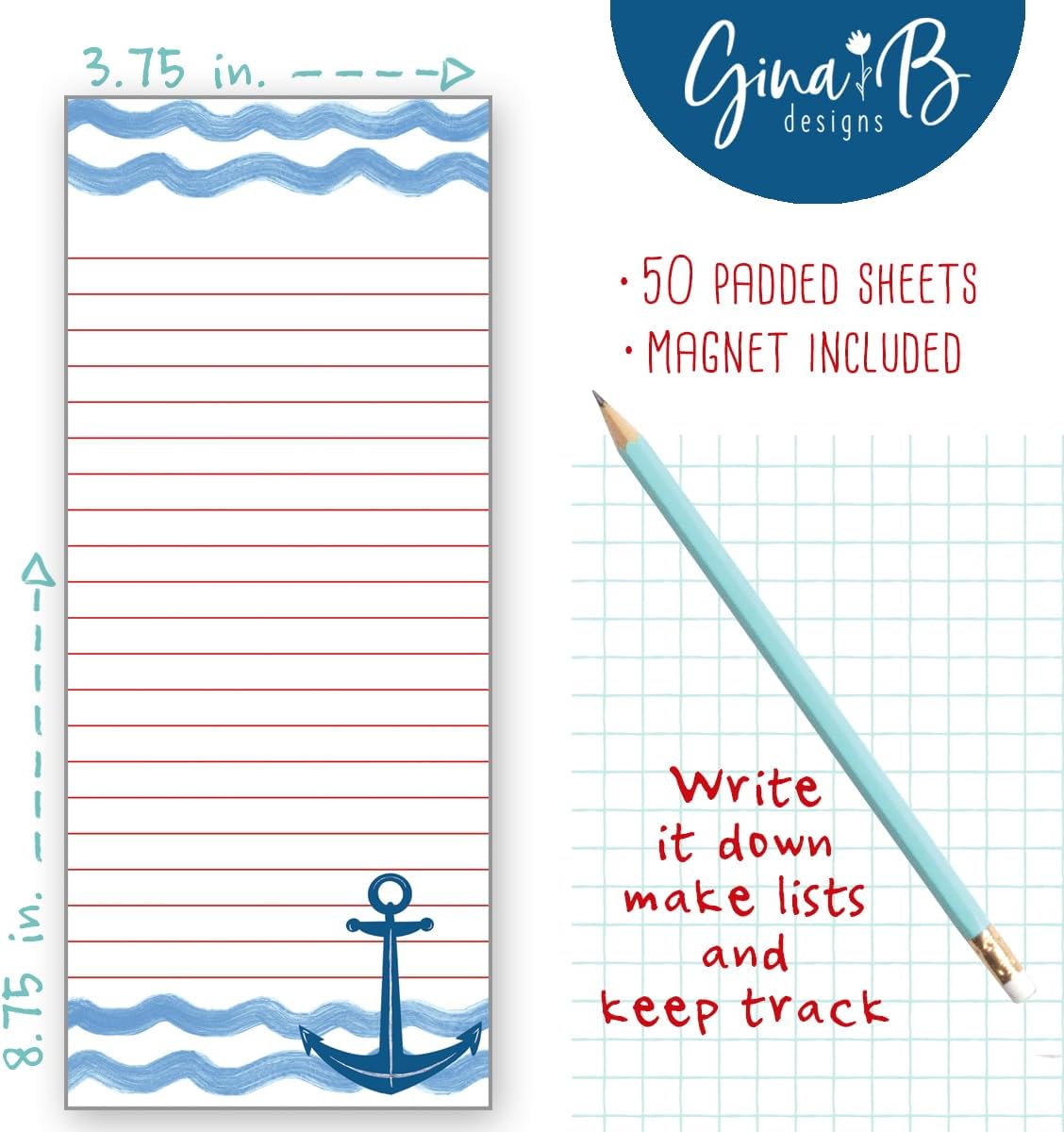Gina B Designs - 2 PACK - List Pad, Notepad, Fridge Pad, Shopping List, To-Do List with Attachable Magnet, Made in the U.S.A. - Anchor