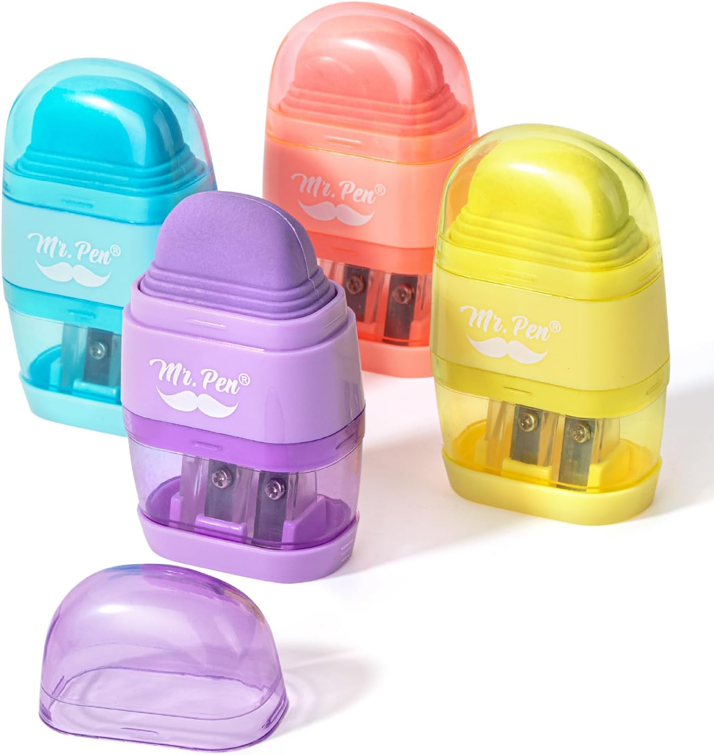 Mr. Pen- Pencil Sharpener & Eraser, 4 Pack, 2-in-1 Manual Sharpeners with Canister, 2 Sharpening Holes for Standard & Jumbo Pencils, Colorful Dual Hole Design for School, Office, Home, Kids