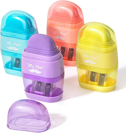Mr. Pen- Pencil Sharpener & Eraser, 4 Pack, 2-in-1 Manual Sharpeners with Canister, 2 Sharpening Holes for Standard & Jumbo Pencils, Colorful Dual Hole Design for School, Office, Home, Kids