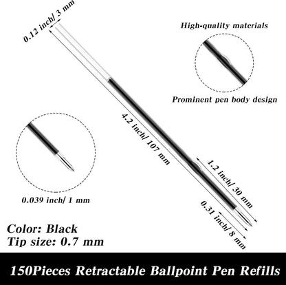 150 Piece Ballpoint Refills 1 mm Medium Point Tip Retractable Ballpoint Smooth Writing Pen Refills for Journal Writing Office and School Supplies