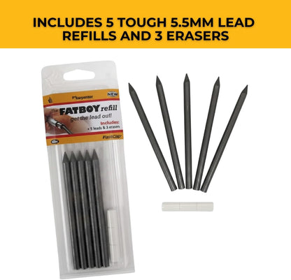 FastCap Fatboy Refill with 5 Replacement Leads and 3 Erasers - Perfect for Architecture Supplies and Construction Tools for Home Improvement - 5.5 mm HB2 Lead - 01018