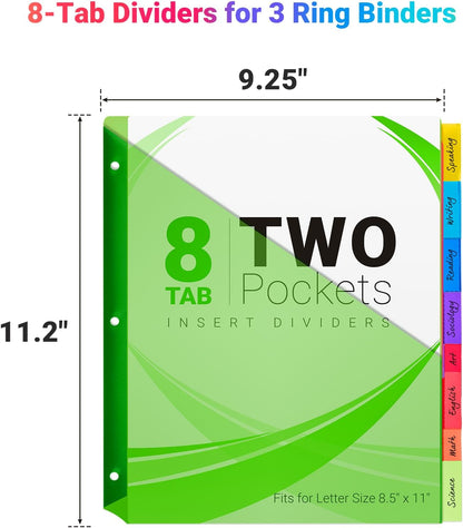 8-Tab Dividers for 3-Ring Binders, 16 Counts 3 Holes Index Dividers with 2 Pockets, Insertable 8 Tabs Binder Divider for 0.5''/1''/2''/3'' Inch Binders, 8 Colors