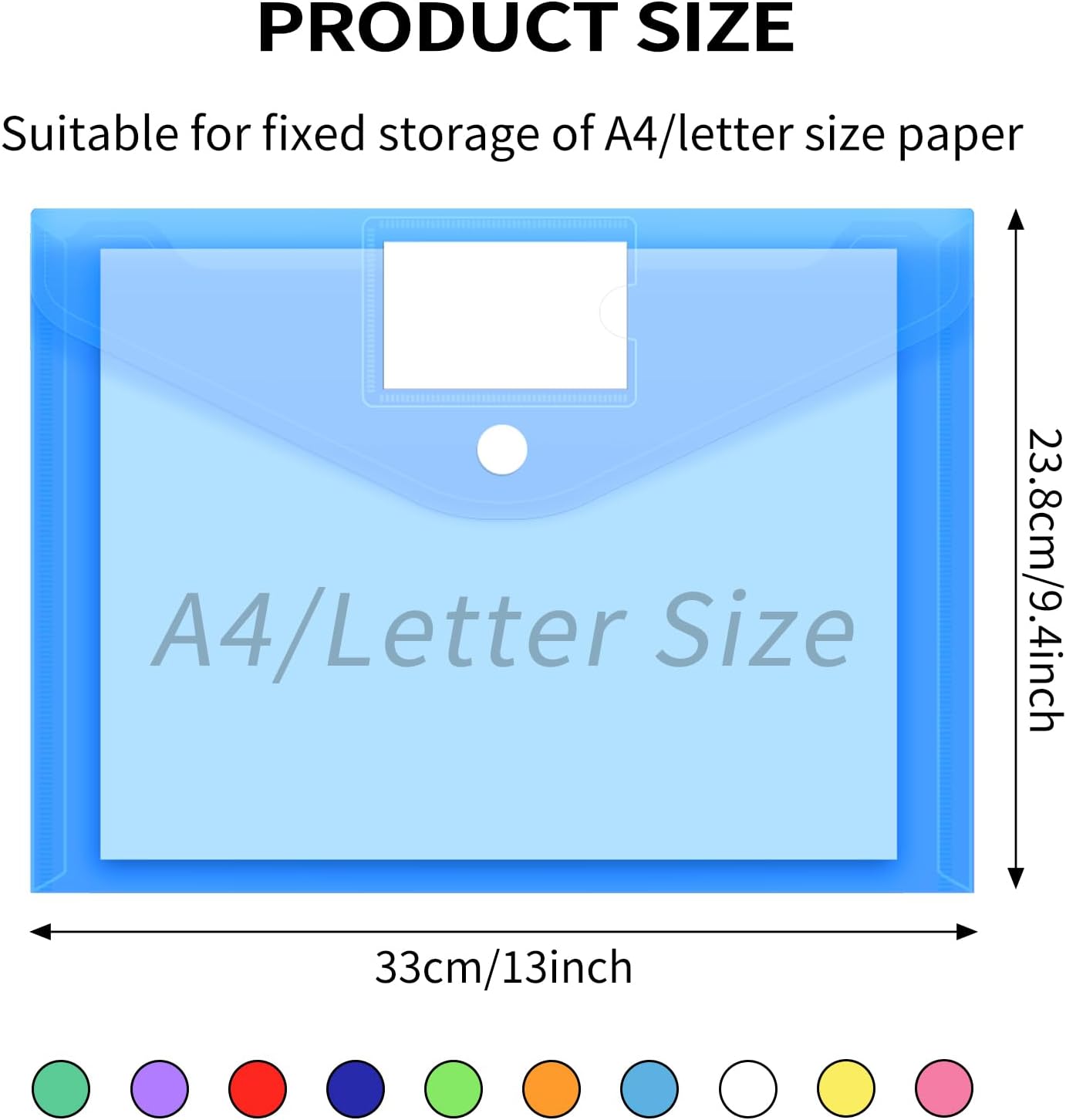 EOOUT 30 Pack 10 Color Plastic Envelopes Poly Envelopes, Hook & Loop Closure File Folders Clear Document Folders File Envelopes with Label Pocket A4 Size