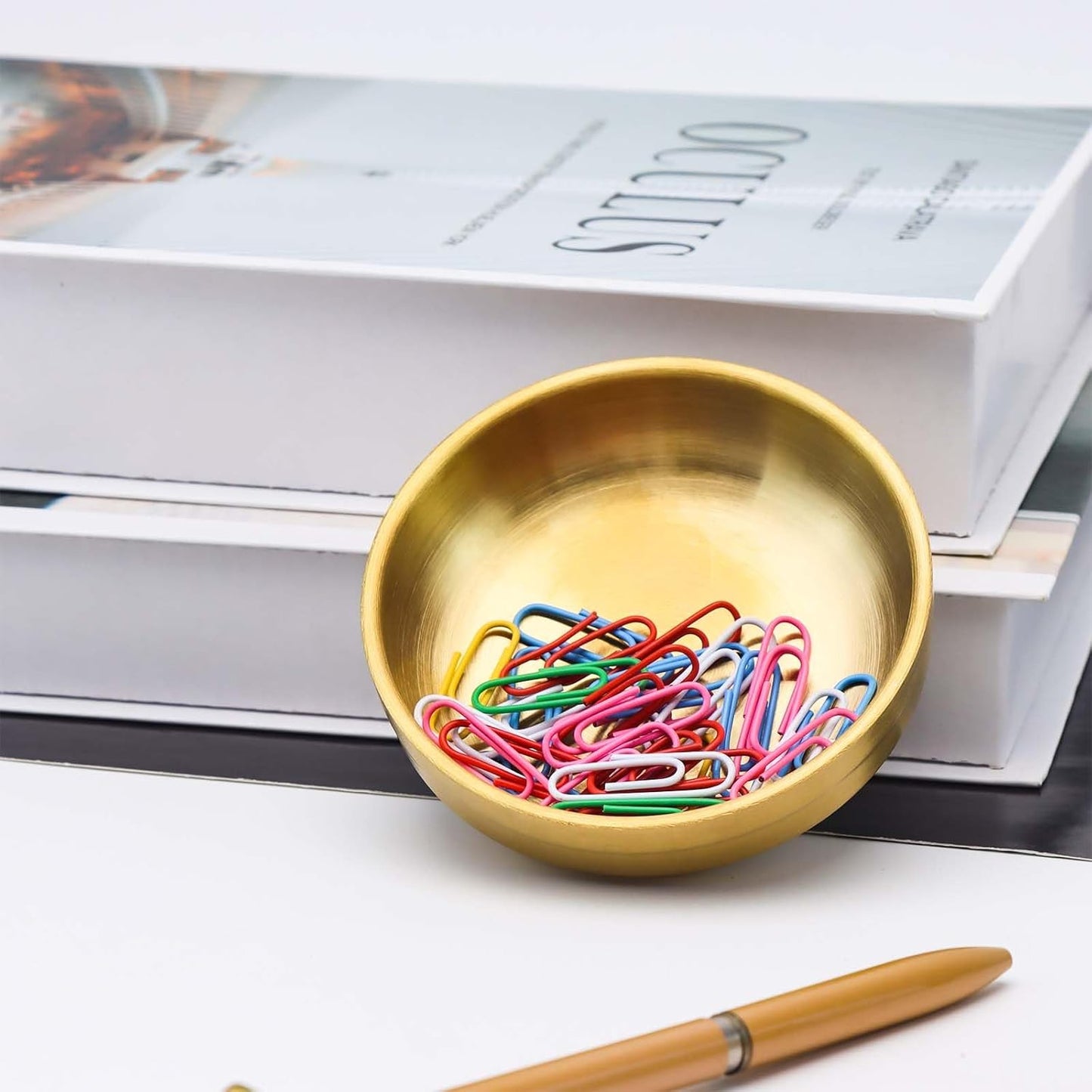 NatSumeBasics Gold Paper Clip Holder Cute Paper Clips Holder Round PaperClips Dispenser Elegant Desk Organizer Accessories Supplies (Gold)