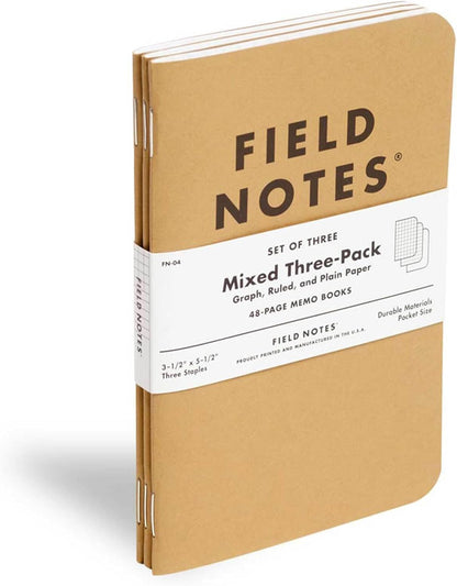 Field Notes: Original Kraft 3-Pack - Mixed Paper (1 Graph/Grid, 1 Ruled/Lined, 1 Plain/Blank) Memo Books - 48 Page Pocket Notebooks - 3.5" x 5.5"
