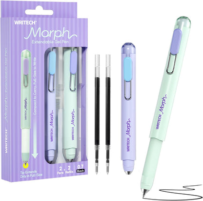 WRITECH Morph Extendable Gel Pens: 0.7mm Medium Point Black Ink Pocket-to-Full-Size Design Translucent Soft Grip Barrel Includes 2 Pens and 2 Refills Dual-Length Pocket Pen 4.6" to 6.1"