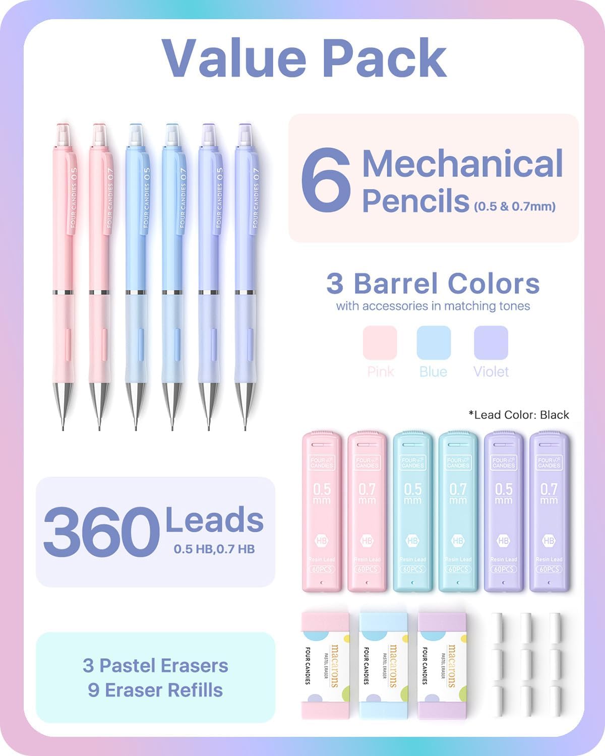 Four Candies Cute Mechanical Pencils 0.7mm, Pencil Set with 360PCS Lead Refills & Pastel Erasers, School Supplies with Case