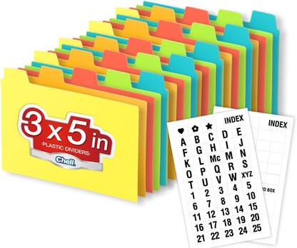 Chell 3x5 Plastic Index Card Dividers, Morandi Colors, Heavyweight Poly Index Card Guides A-Z, with Alphabetical/Blank Stickers, Pack of 25